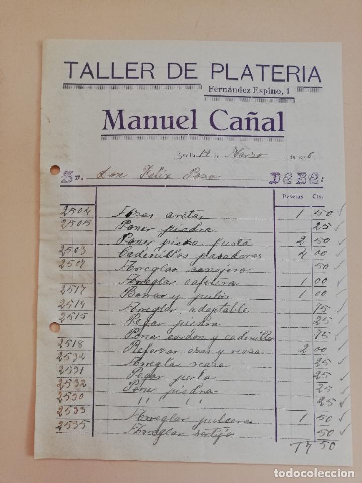 Old Invoices: FACTURA. TALLER DE PLATERIA. MANUEL CA&Ntilde;AL. SEVILLA, 1936.