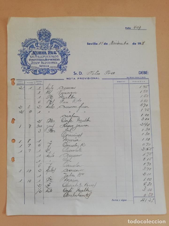 Old Invoices: FACTURA. ULTRAMARINOS. CONFITERIA Y BOMBONERIA. JUAN ALFONSECA. NUEVA PAZ. SEVILLA, 1938.