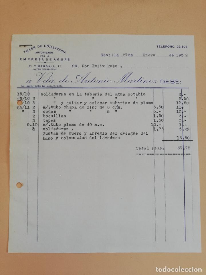 Old Invoices: FACTURA. TALLER DE HOJALATERIA. VDA. DE ANTONIO MARTINEZ. SEVILLA, 1939.