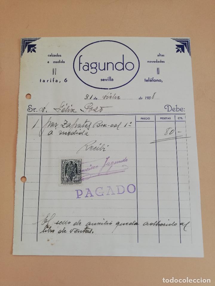 Old Invoices: FACTURA. CALZADOS A MEDIDA. FAGUNDO. SEVILLA, 1938.
