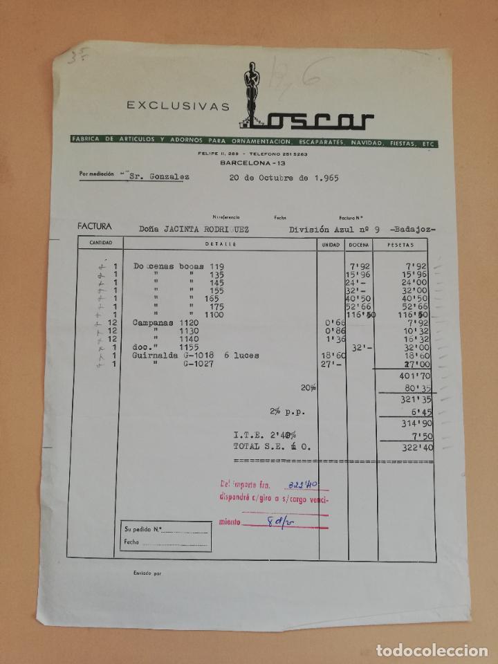 Old Invoices: FACTURA. FABRICA DE ARTICULOS Y ADORNOS PARA ORNAMENTACION. LOSCAR. BARCELONA, 1965.