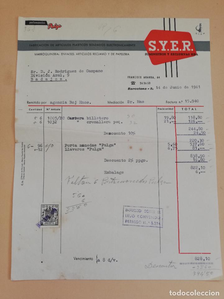 Old Invoices: FACTURA. FABRICACION DE ARTICULOS DE PLASTICOS. S.Y.E.R. BARCELONA, 1961.