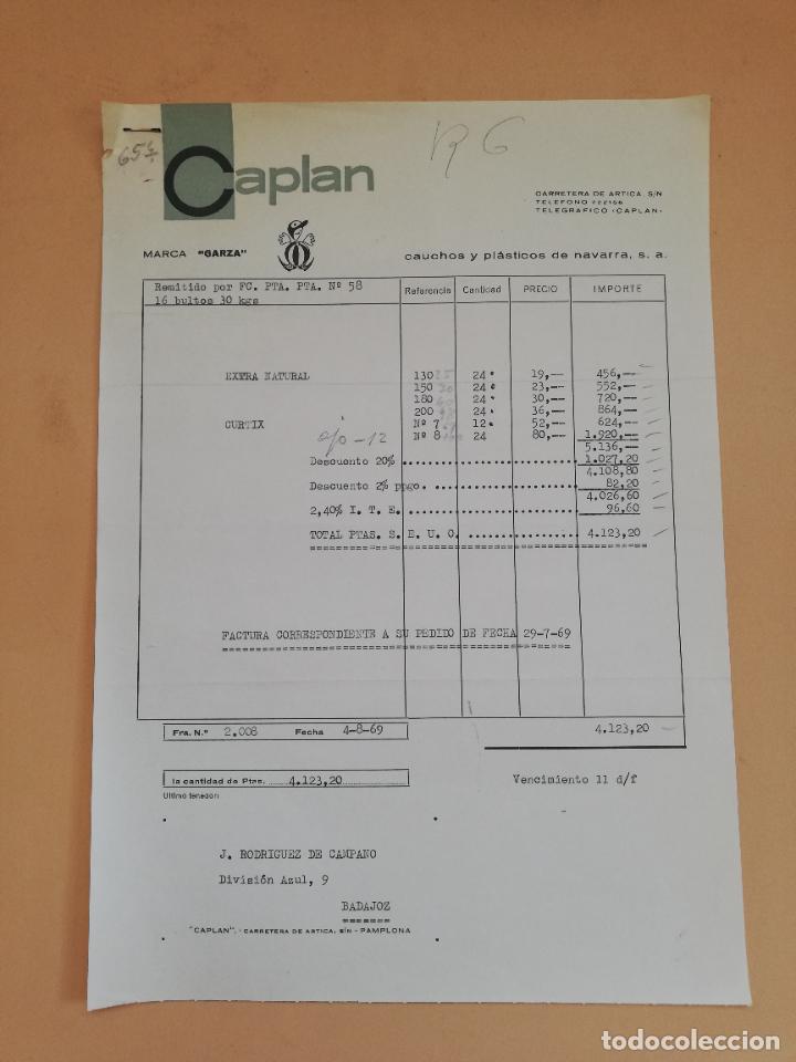 Old Invoices: FACTURA. CAPLAN. CAUCHOS Y PLASTICOS DE NAVARRA. BADAJOZ. 1969.