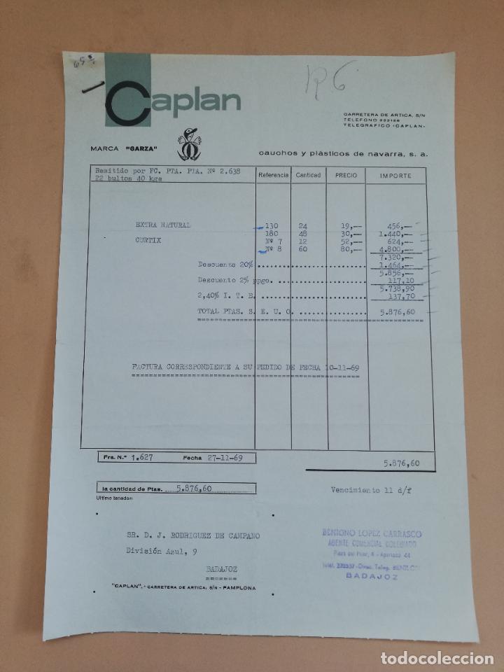Old Invoices: FACTURA. CAPLAN. CAUCHOS Y PLASTICOS DE NAVARRA. BADAJOZ. 1969.