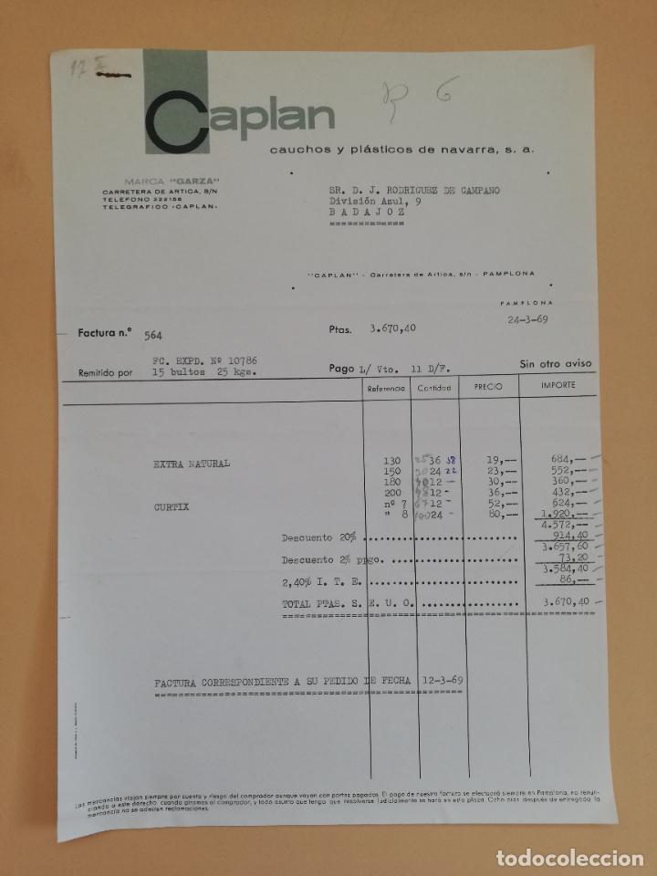 Old Invoices: FACTURA. CAPLAN. CAUCHOS Y PLASTICOS DE NAVARRA. BADAJOZ. 1969.