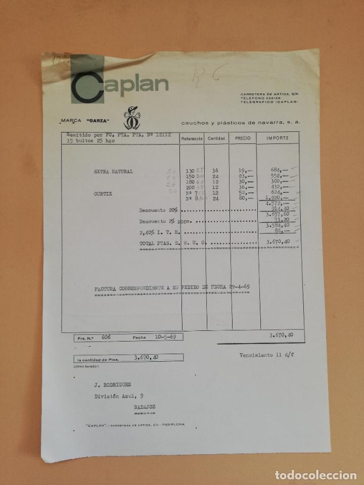 Old Invoices: FACTURA. CAPLAN. CAUCHOS Y PLASTICOS DE NAVARRA. BADAJOZ. 1969.