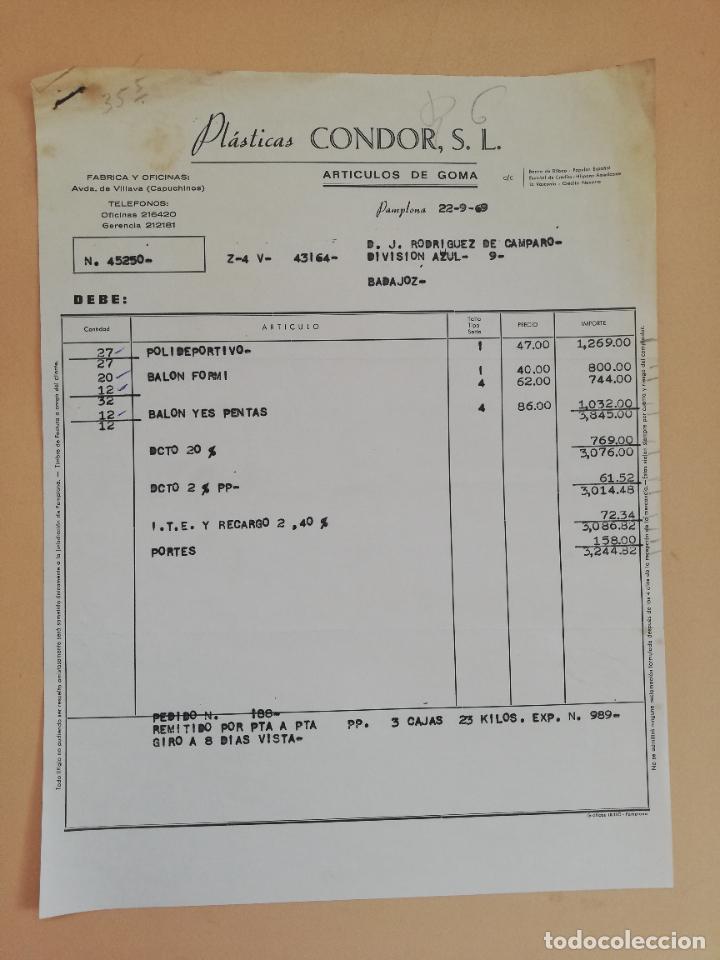 Old Invoices: FACTURA. PLASTICAS CONDOR, S. L. ARTICULOS DE GOMA. PAMPLONA. 1969.