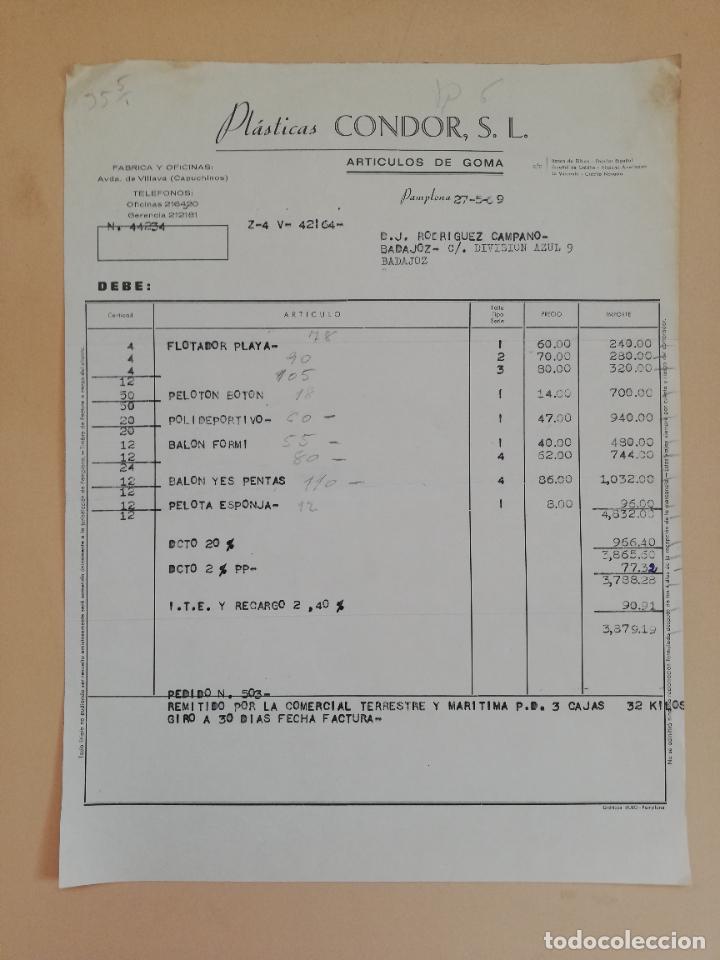 Old Invoices: FACTURA. PLASTICAS CONDOR, S. L. ARTICULOS DE GOMA. PAMPLONA. 1969.