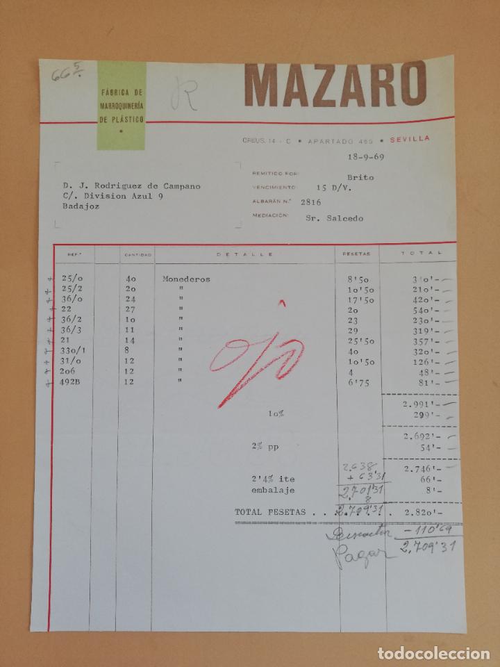 Old Invoices: FACTURA. FABRICA DE MARROQUINERIA DE PLASTICO. MAZARO. SEVILLA. 1969.