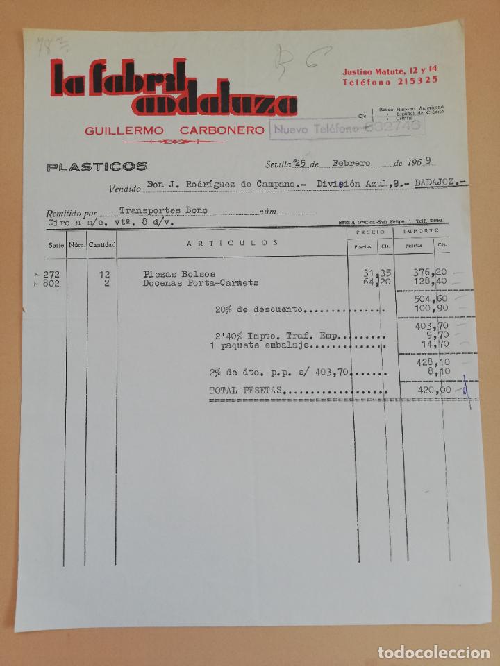 Old Invoices: FACTURA. LA FABRIL ANDALUZA. GUILLERMO CARBONERO. SEVILLA. 1969.