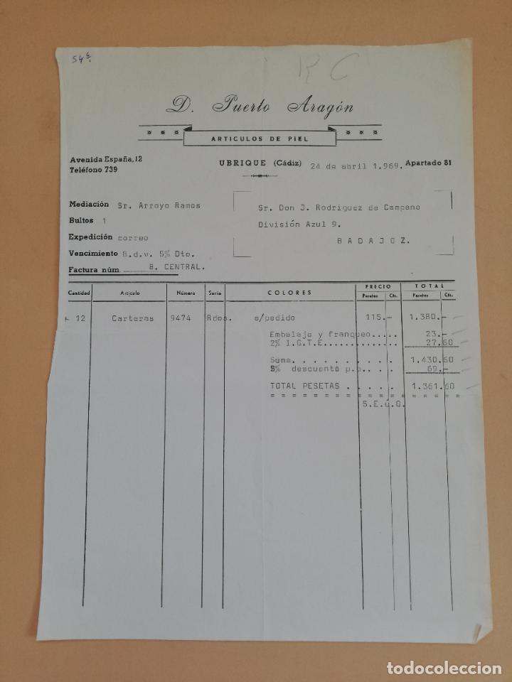 Old Invoices: FACTURA. ARTICULO DE PIEL. D. PUERTO ARAGON. UBRIQUE, CADIZ, 1969.