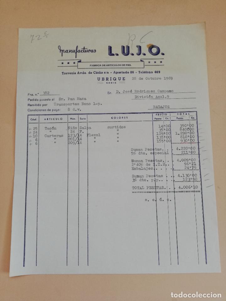 Old Invoices: FACTURA. ARTICULO DE PIEL. MANUFACTURAS L.U.J.O. UBRIQUE, CADIZ, 1969.