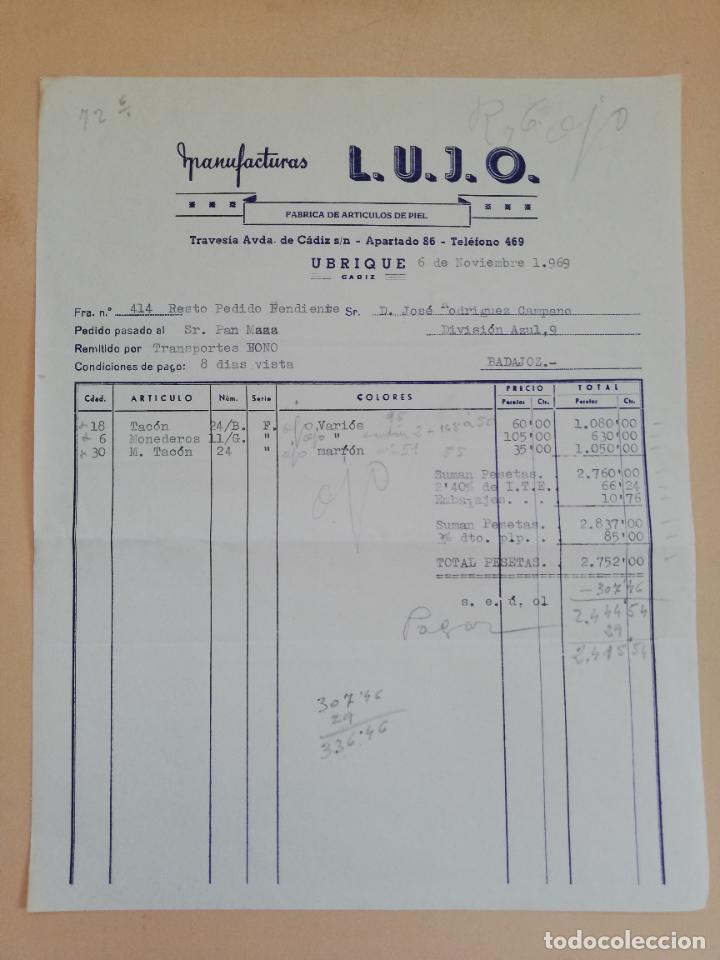 Old Invoices: FACTURA. ARTICULO DE PIEL. MANUFACTURAS L.U.J.O. UBRIQUE, CADIZ, 1969.