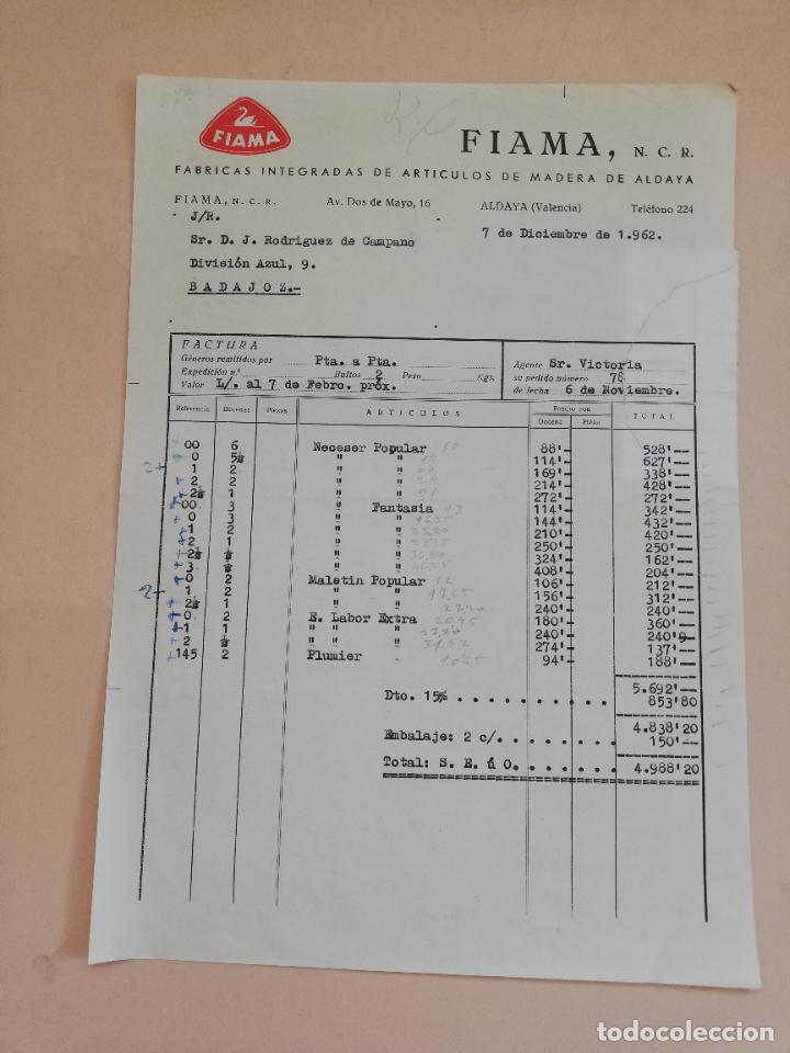 Old Invoices: FACTURA. FABRICAS INTEGRADAS DE ARTICULOS DE MADERA DE ALDAYA. FIAMA. ALDAYA, VALENCIA. 1962.