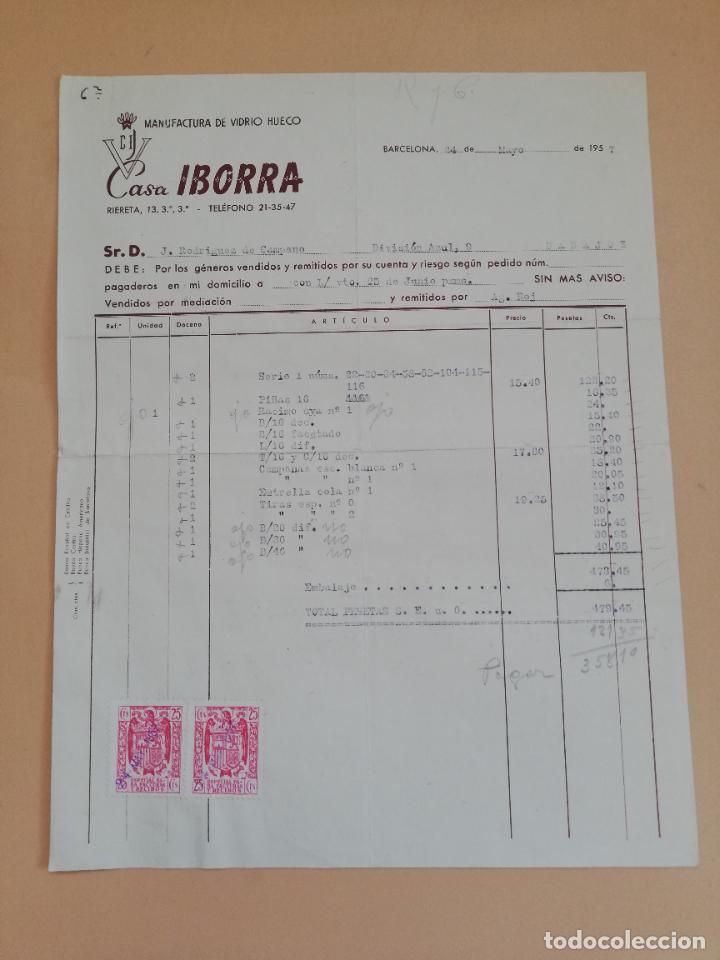 Old Invoices: FACTURA. CASA IBORRA. MANUFACTURA DE VIDRIO HUECO. BARCELONA, 1957.