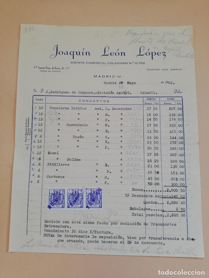 Old Invoices: FACTURA. JOAQUIN LEON LOPEZ. AGENTE COMERCIAL COLEGIADO. MADRID, 1962.