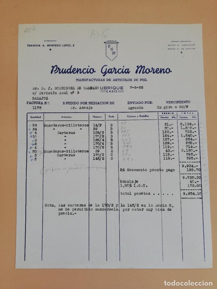 Old Invoices: FACTURA. MANUFACTURA DE ARTICULOS DE PIEL. PRUDENCIO GARCIA MORENO. UBRIQUE, CADIZ, 1965.