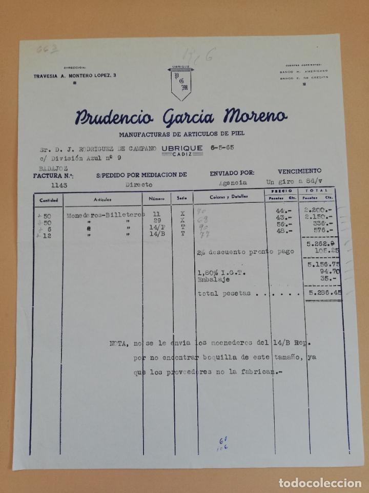 Old Invoices: FACTURA. MANUFACTURA DE ARTICULOS DE PIEL. PRUDENCIO GARCIA MORENO. UBRIQUE, CADIZ, 1965.
