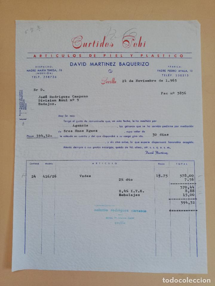 Old Invoices: FACTURA. ARTICULOS DE PIEL Y PLASTICO. CURTIDOS POBI. DAVID MARTINEZ BAQUERIZO. SEVILLA. 1965.