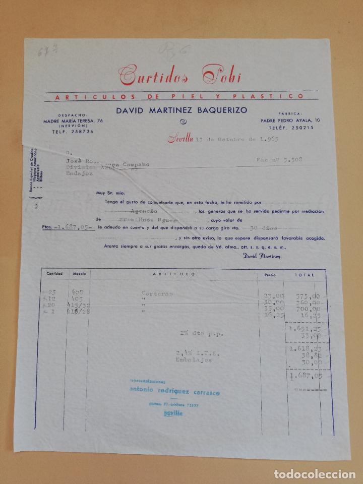 Old Invoices: FACTURA. ARTICULOS DE PIEL Y PLASTICO. CURTIDOS POBI. DAVID MARTINEZ BAQUERIZO. SEVILLA. 1965.