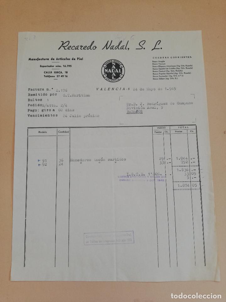 Old Invoices: FACTURA. RECADERO NADAL, S. L. MANUFACTURA DE ARTICULOS DE PIEL. VALENCIA, 1965.
