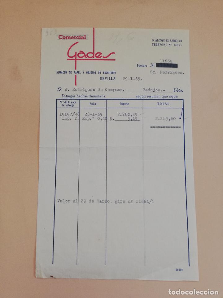 Old Invoices: FACTURA. ALMACEN DE PAPEL Y OBJETOS DE ESCRITORIO. COMERCIAL GADES. SEVILLA. 1965.