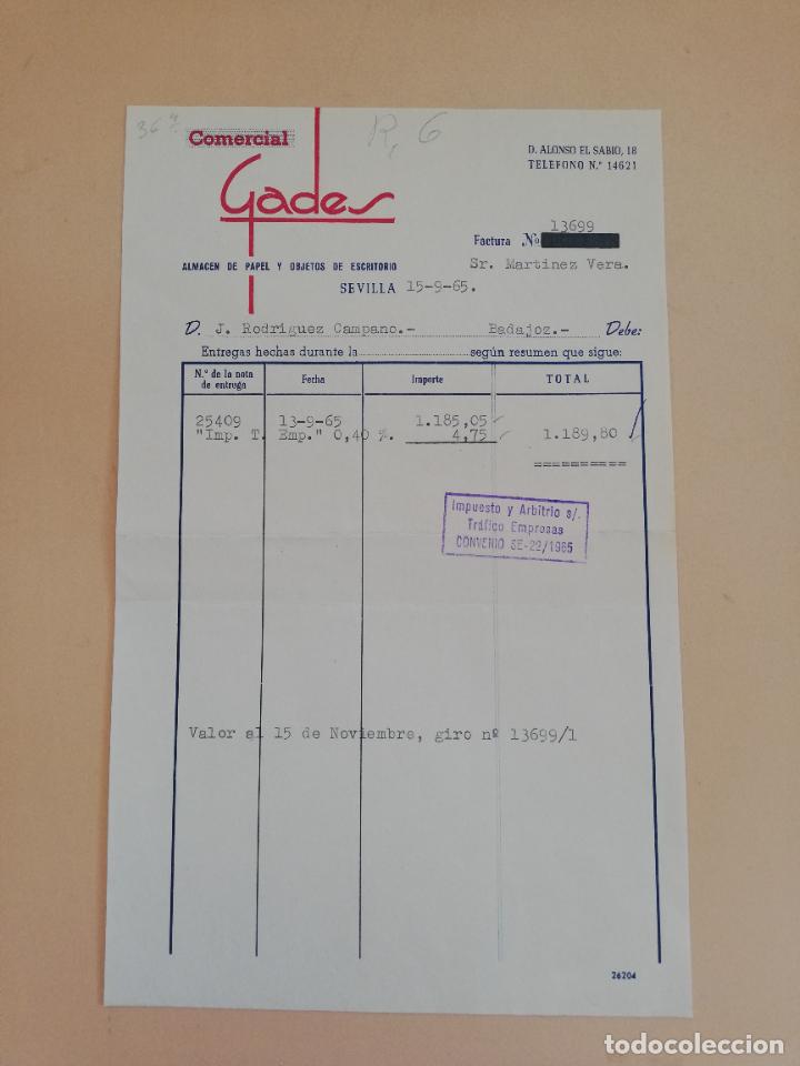 Old Invoices: FACTURA. ALMACEN DE PAPEL Y OBJETOS DE ESCRITORIO. COMERCIAL GADES. SEVILLA. 1965.