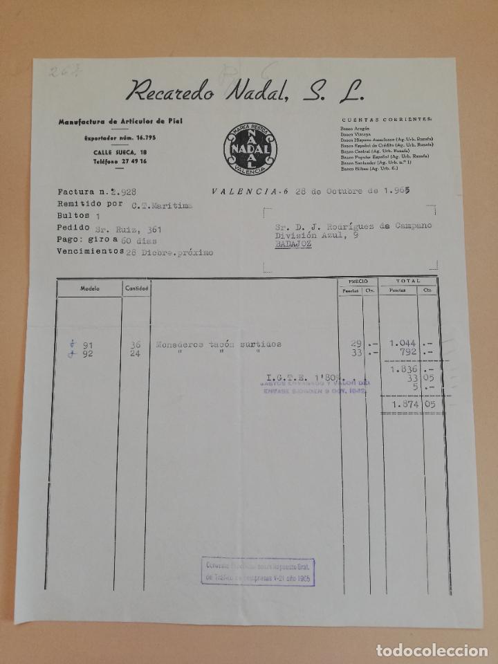 Old Invoices: FACTURA. RECADERO NADAL, S. L. MANUFACTURA DE ARTICULOS DE PIEL. VALENCIA, 1965.