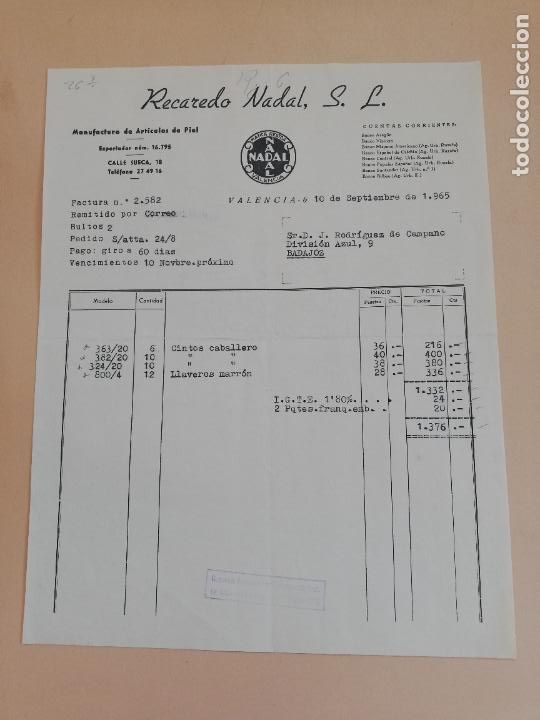 Old Invoices: FACTURA. RECADERO NADAL, S. L. MANUFACTURA DE ARTICULOS DE PIEL. VALENCIA, 1965.