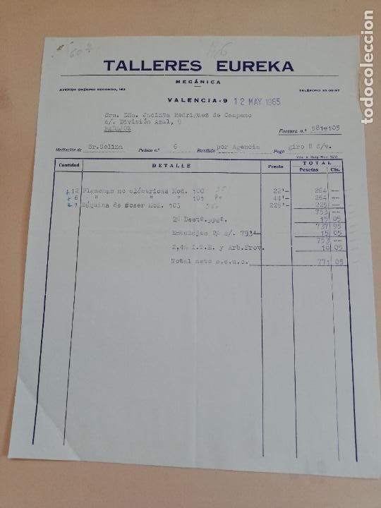 Old Invoices: FACTURA. TALLERES EUREKA. MECANICA. VALENCIA, 1965.
