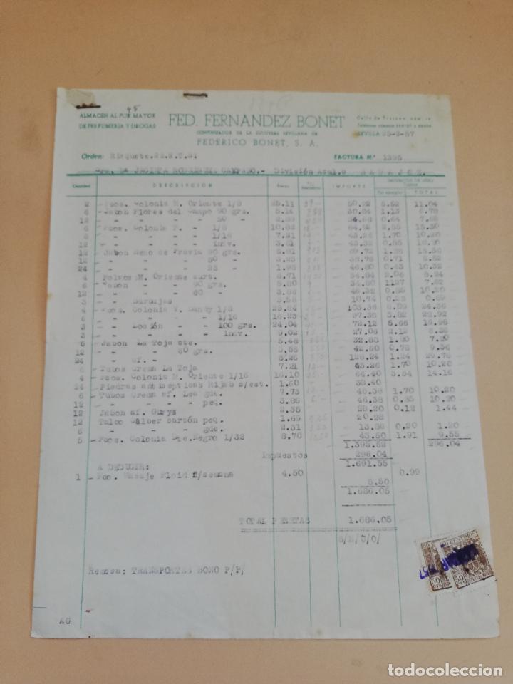 Old Invoices: FACTURA. ALMACEN DE PERFUMERIA Y DROGAS. FED. FERNANDEZ BONET. SEVILLA, 1957.
