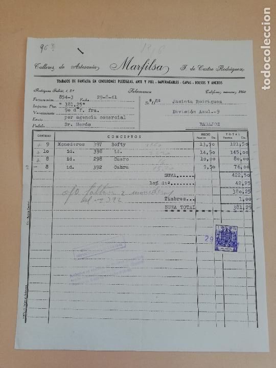 Old Invoices: FACTURA. TALLERES DE ARTESANIA MARFILSA. SALAMANCA, 1961.