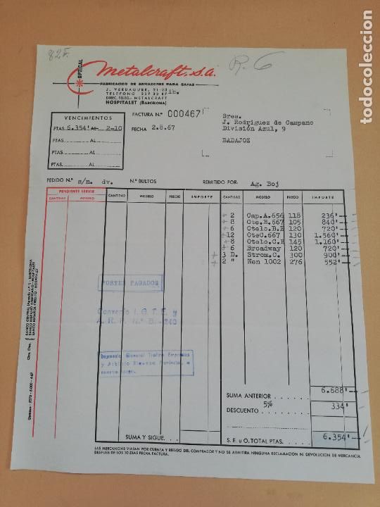 Old Invoices: FACTURA. FABRICACION DE ARMAZONES PARA GAFAS. METALCRAFT, S.A. HOSPITALET, BARCELONA. 1967.