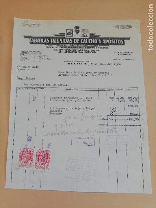 Old Invoices: FACTURA. FABRICAS REUNIDAS DE CAUCHO Y APOSITOS. FRACSA. SEVILLA, 1957.