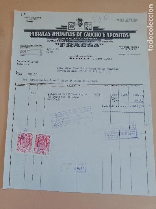 Old Invoices: FACTURA. FABRICAS REUNIDAS DE CAUCHO Y APOSITOS. FRACSA. SEVILLA, 1957.