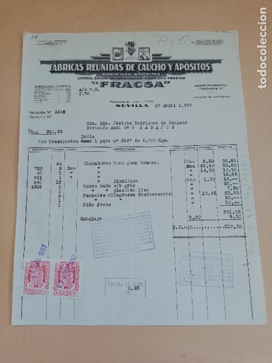 Old Invoices: FACTURA. FABRICAS REUNIDAS DE CAUCHO Y APOSITOS. FRACSA. SEVILLA, 1957.