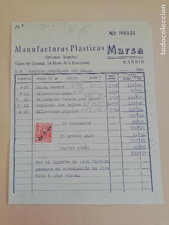 Old Invoices: FACTURA. MARSE. MANUFACTURAS PLASTICAS. MADRID, 1957.