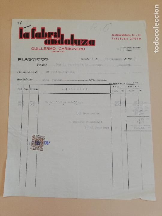 Old Invoices: FACTURA. LA FABRIL ANDALUZA. GUILLERMO CARBONERO. SEVILLA. 1957.