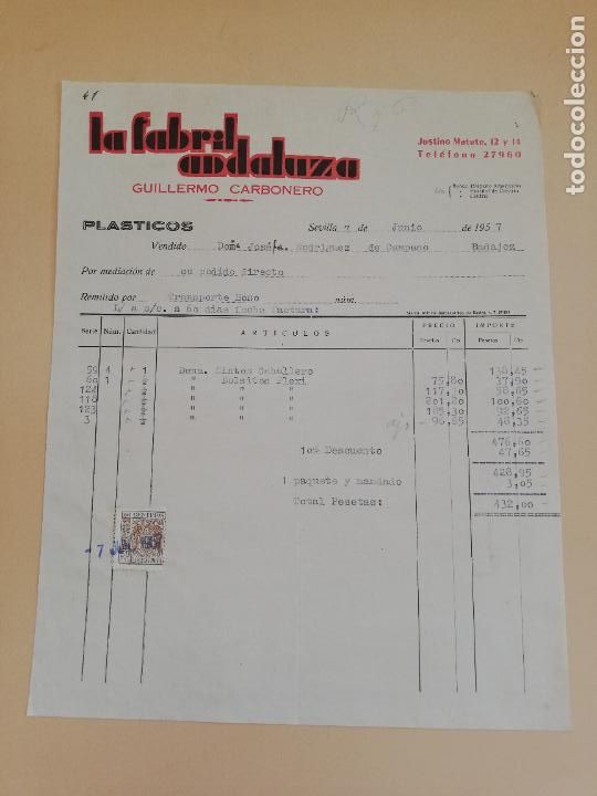 Old Invoices: FACTURA. LA FABRIL ANDALUZA. GUILLERMO CARBONERO. SEVILLA. 1957.