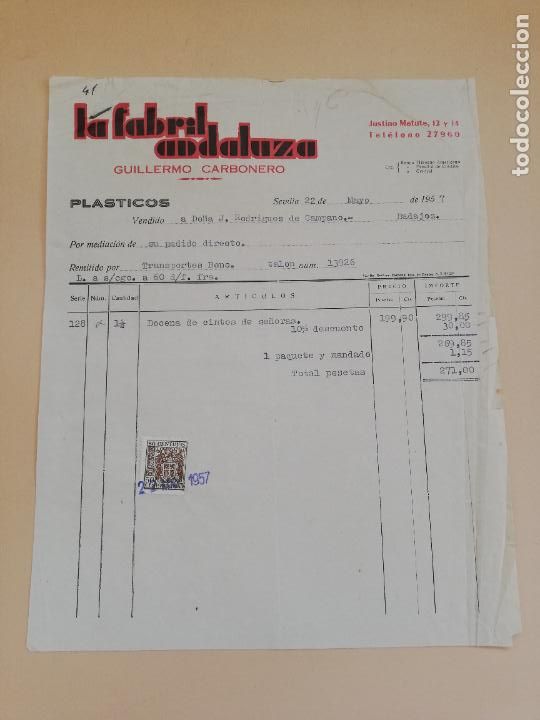 Old Invoices: FACTURA. LA FABRIL ANDALUZA. GUILLERMO CARBONERO. SEVILLA. 1957.
