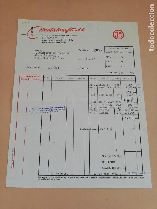 Alte Rechnungen: FACTURA. FABRICACION DE ARMAZONES PARA GAFAS. METALCRAFT, S.A. HOSPITALET, BARCELONA. 1965.