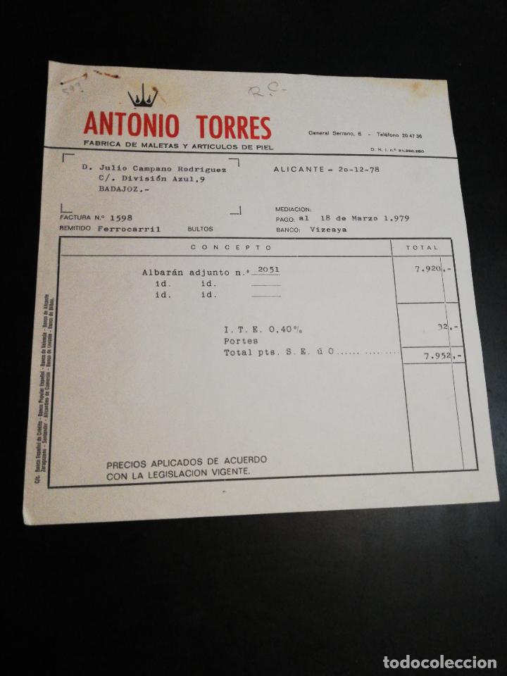 Facturas antiguas: FACTURA. FABRICA DE MALETAS Y ARTICULOS DE PIEL. ANTONIO TORRES. ALICANTE, 1978.