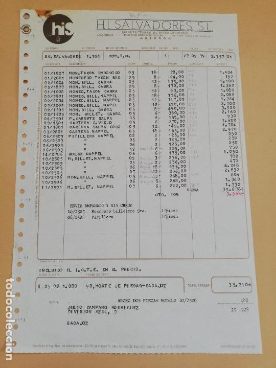 Alte Rechnungen: FACTURA. H. I. SALVADORES, S. L. MANUFACTURAS DE MARROQUINERIA. ASTORGA, LEON. 1979.