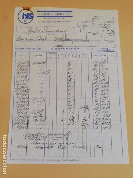 Alte Rechnungen: FACTURA. H. I. SALVADORES, S. L. MANUFACTURAS DE MARROQUINERIA. BADAJOZ. 1979.