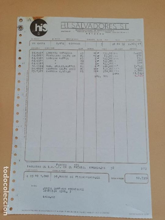 Alte Rechnungen: FACTURA. H. I. SALVADORES, S. L. MANUFACTURAS DE MARROQUINERIA. ASTORGA, LEON. 1979.