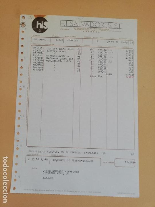 Alte Rechnungen: FACTURA. H. I. SALVADORES, S. L. MANUFACTURAS DE MARROQUINERIA. ASTORGA, LEON. 1979.