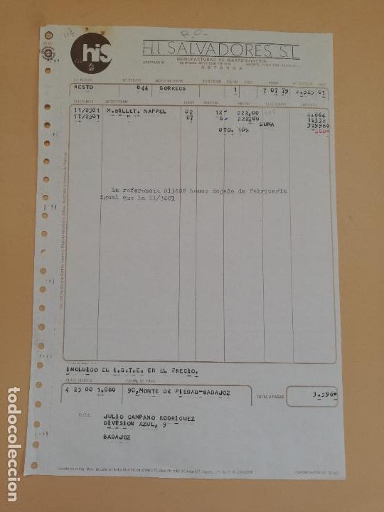 Alte Rechnungen: FACTURA. H. I. SALVADORES, S. L. MANUFACTURAS DE MARROQUINERIA. ASTORGA, LEON. 1979.