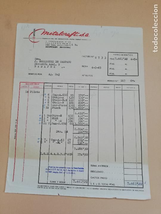 Alte Rechnungen: FACTURA. FABRICACION DE ARMAZONES PARA GAFAS. METALCRAFT, S.A. HOSPITALET, BARCELONA. 1965.