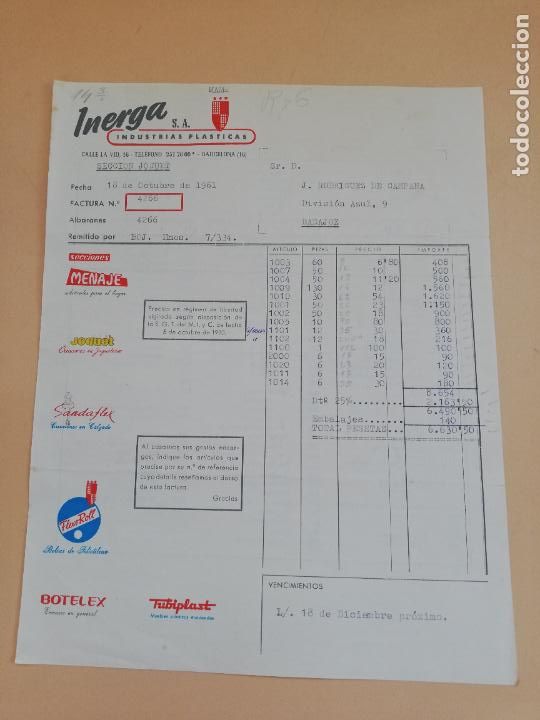Alte Rechnungen: FACTURA. INDUSTRIAS PLASTICAS. INERGA, S.A. BARCELONA, 1961.
