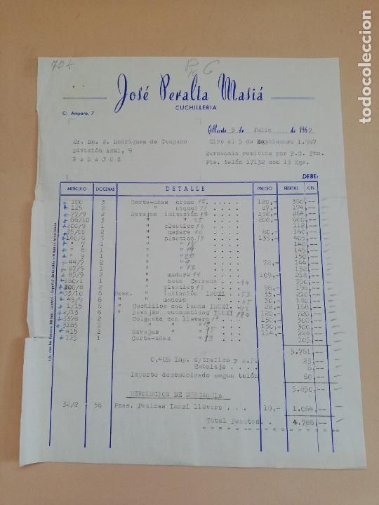 Alte Rechnungen: FACTURA. CUCHILLERIA. JOSE PERALTA MASIA. ALBACETE, 1967.